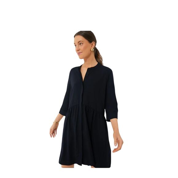 TUCKERNUCK Navy Crepe Royal Shirt Dress Large Stretch Quiet Luxury Minimalist - Picture 3 of 6